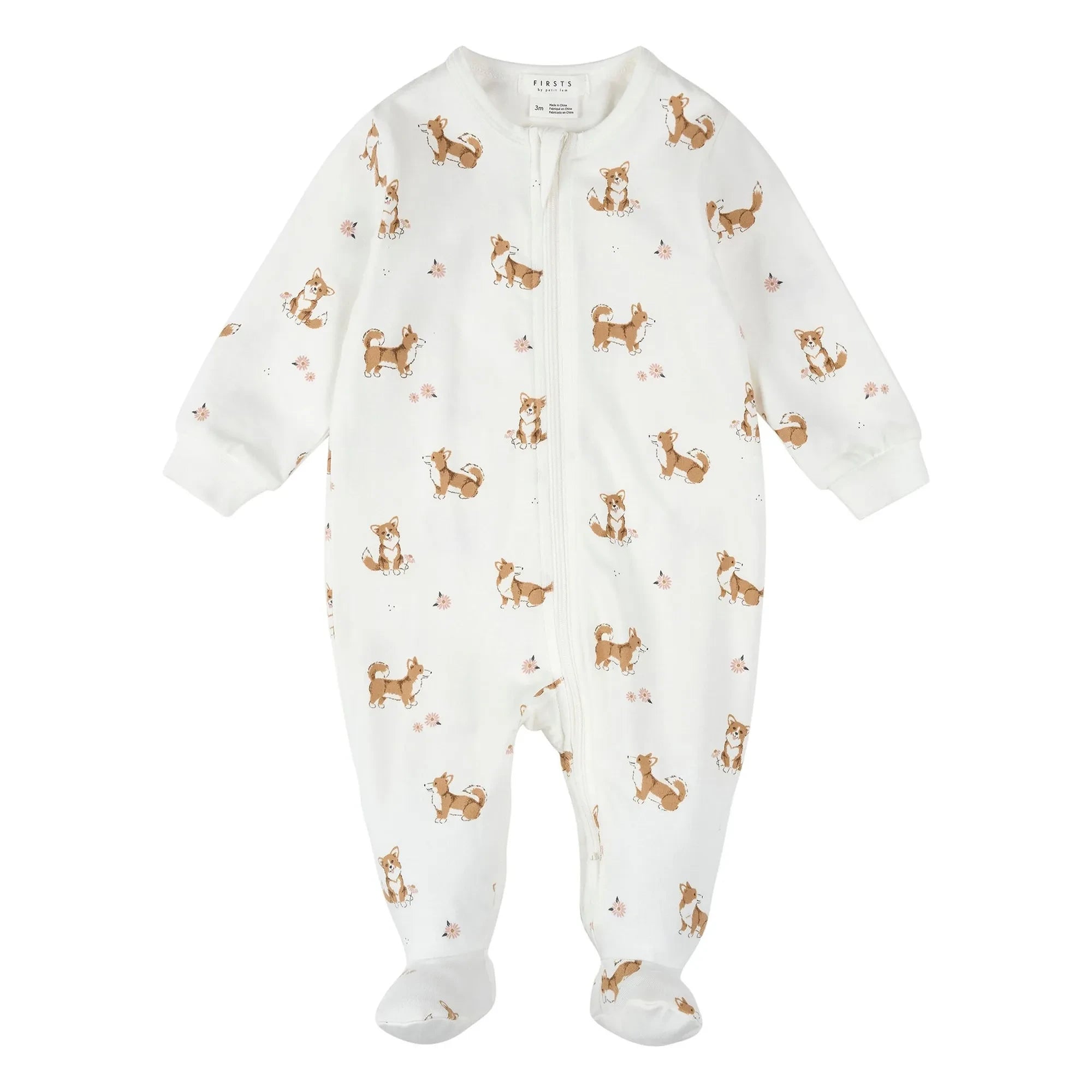 Petit Lem - Pijama de canalé de algodón orgánico Corgis | Crudo