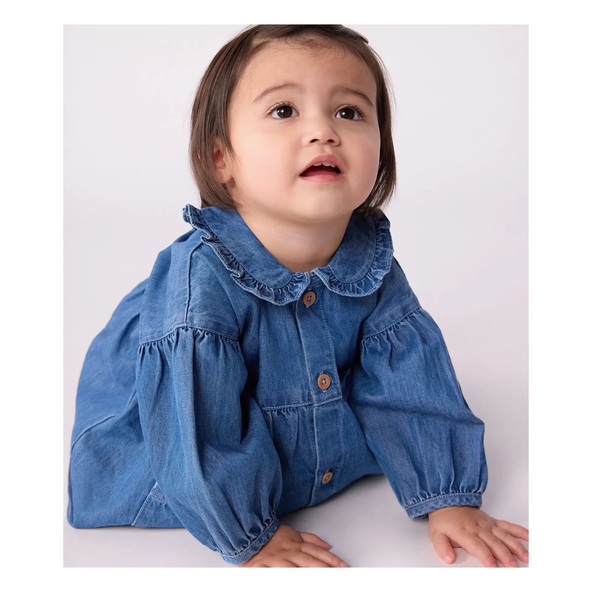 Petit Bateau - Vestido de algodón orgánico con cuello de mezclilla | Azul denim