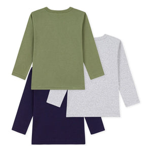 Petit Bateau - 3'lü Düz Uzun Kollu Tişört Paketi | Gri Melanj