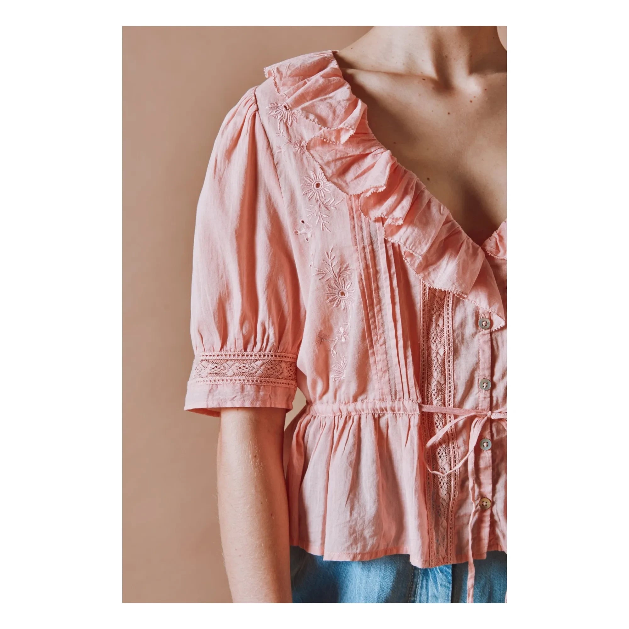 Emile et Ida - Blusa de algodón bordada con volantes | Rosa
