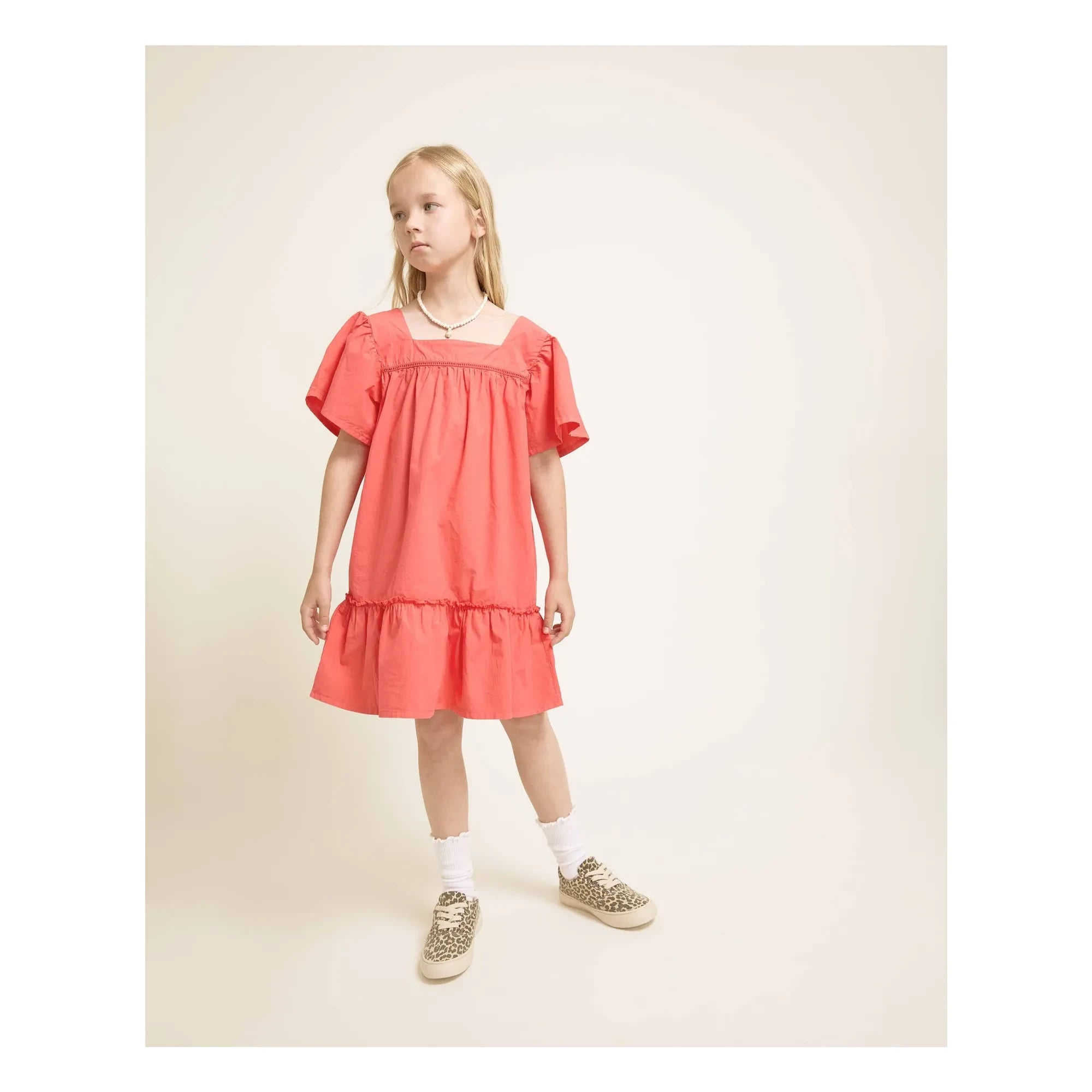 Búho - Vestido de popelín de algodón orgánico con volantes | Rojo