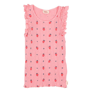 Búho - Camiseta de tirantes a rayas Strawberry Ruffles de algodón orgánico | Rosa caramelo