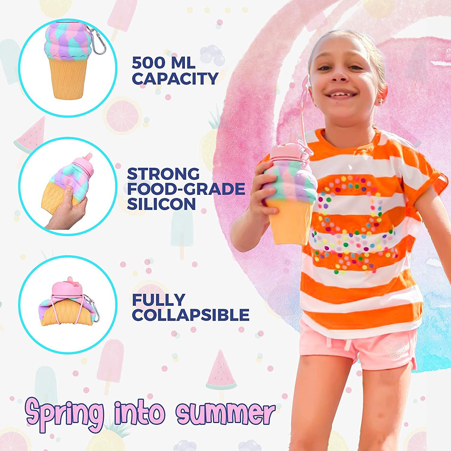 Dinossi - Botella de agua con pajita de silicona sin BPA con forma de helado