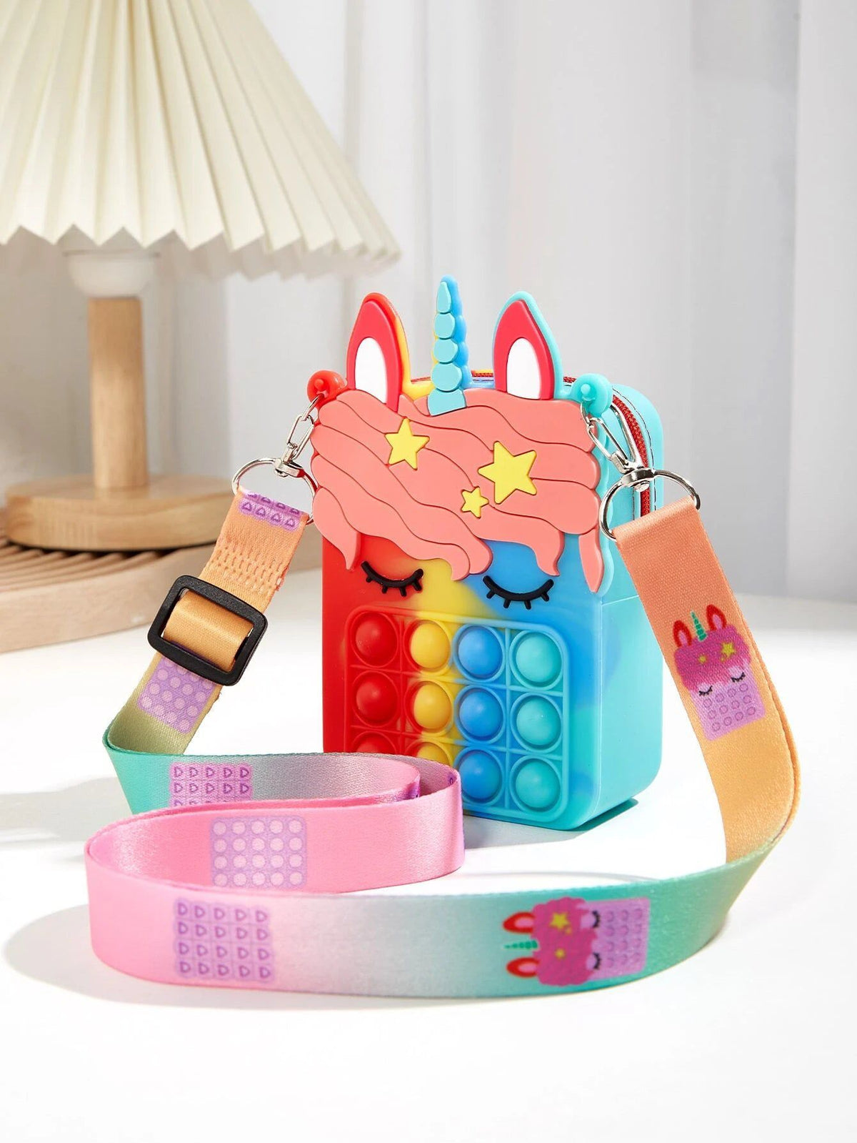 Dinossi - Bolso de hombro para niña con diseño de unicornio Popit, azul y rojo