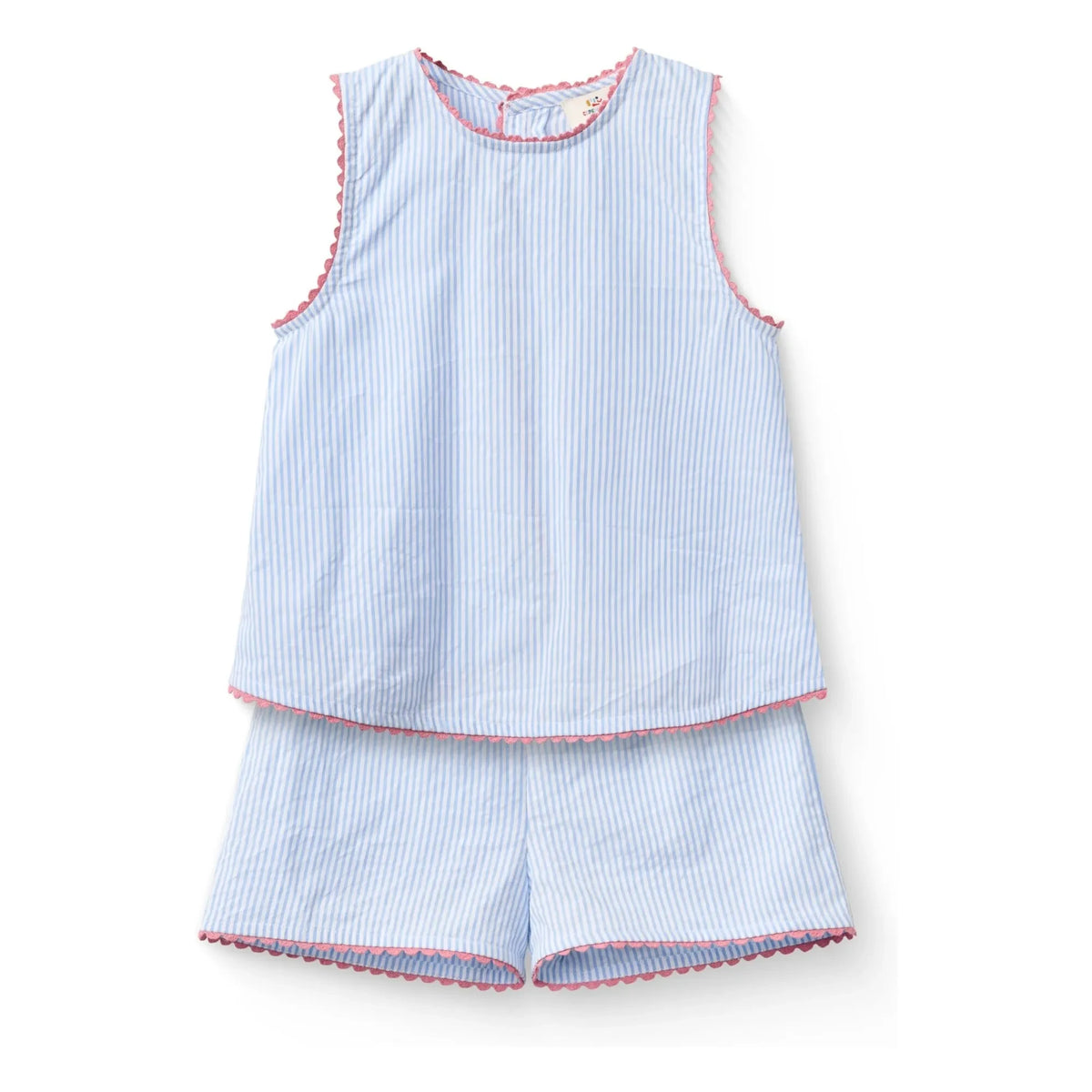 Copenhagen Colors - Conjunto de top de algodón orgánico con rayas seersucker y ribetes ondulados y shorts | Azul claro