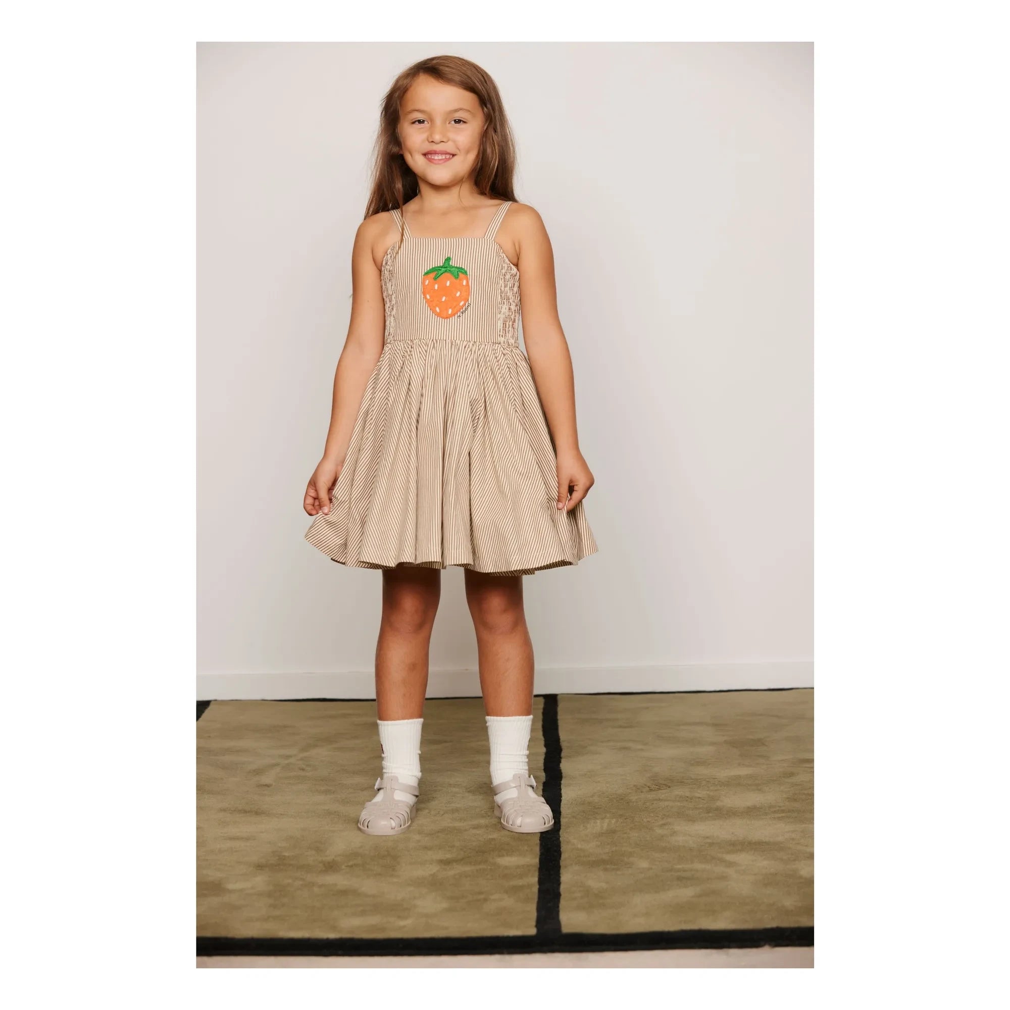 Mini Rodini - Vestido Fruncido de Popelín de Algodón Orgánico a Rayas | Marrón