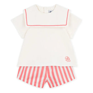 Petit Bateau - Pantalones Cortos de Pijama de Lino Azul Marino con Cuello | Coral