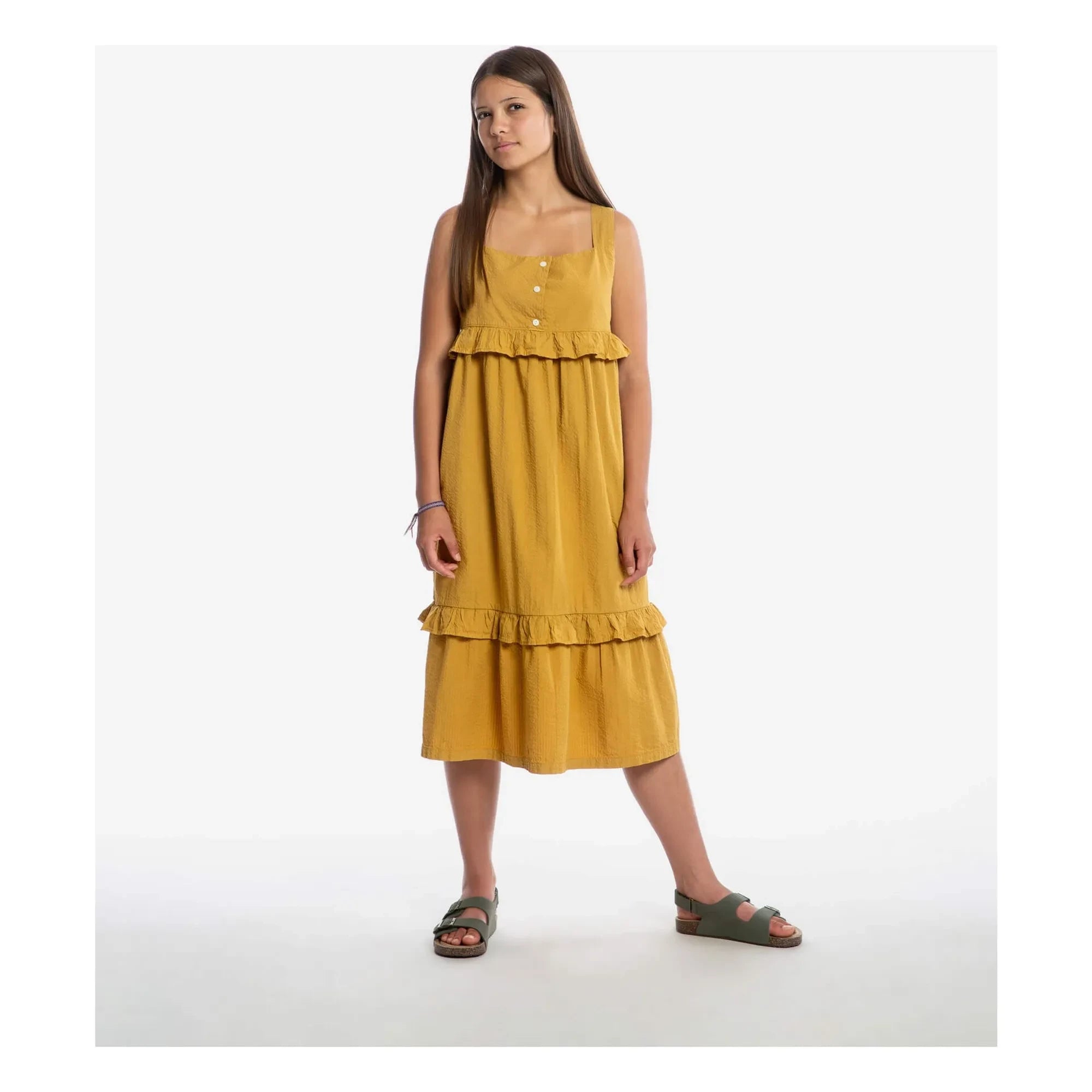 Vestido con volantes Matona Mi-Long de algodón orgánico | Mostaza