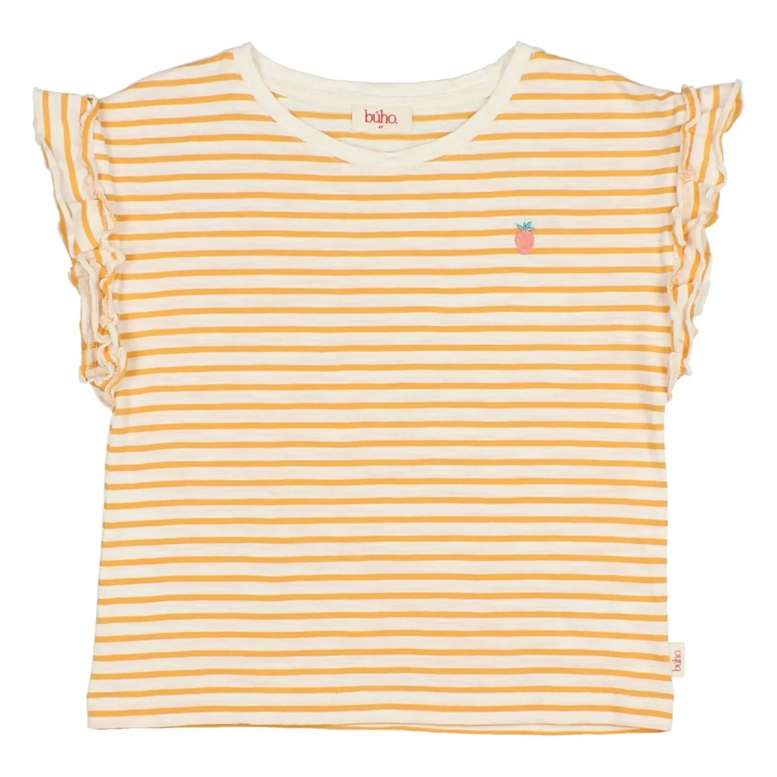 Búho - Camiseta de algodón orgánico a rayas con estampado de fresas | Amarillo