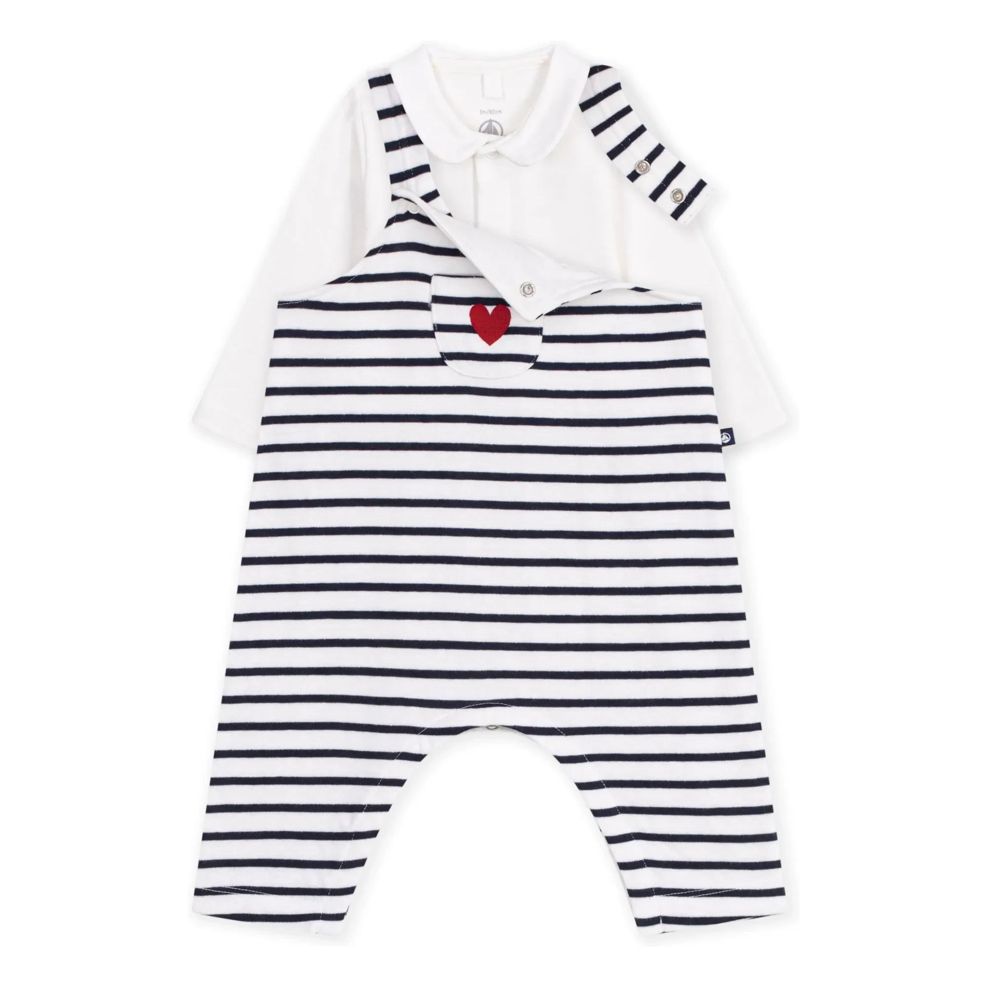 Petit Bateau - Organik pamuklu çizgili salopet ve body seti | Beyaz