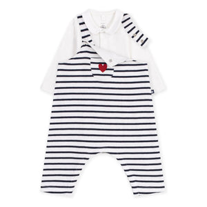 Petit Bateau - Organik pamuklu çizgili salopet ve body seti | Beyaz
