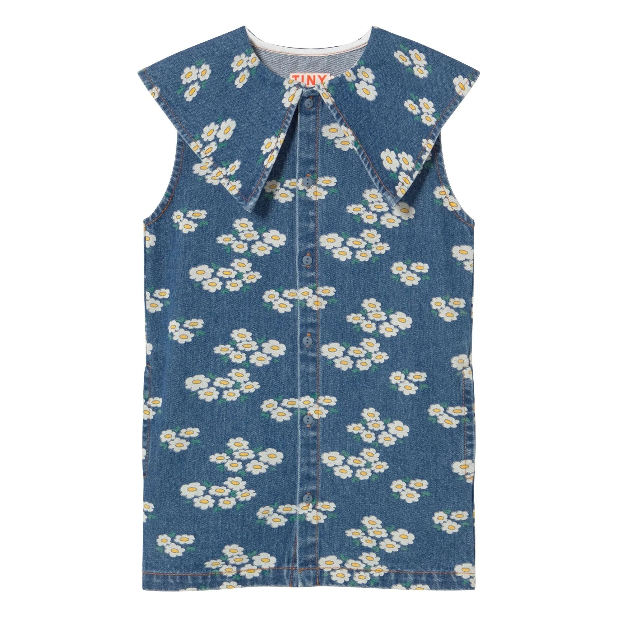 Tinycottons - Vestido Oversize de Margaritas y Cuello Vaquero | Azul