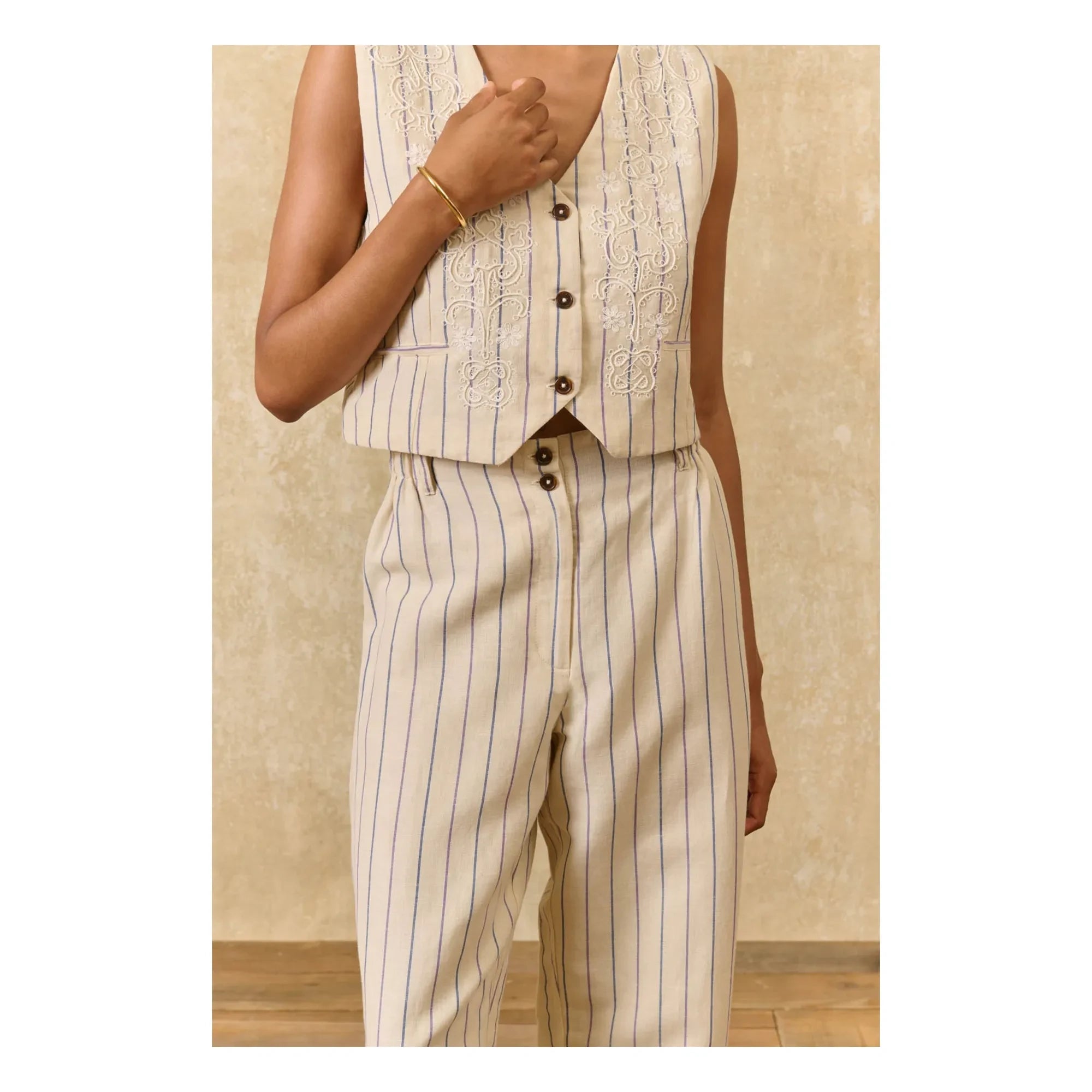 Louise Misha - Pantalones de lino y algodón a rayas Abuela | Crema