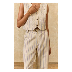 Louise Misha - Pantalones de lino y algodón a rayas Abuela | Crema