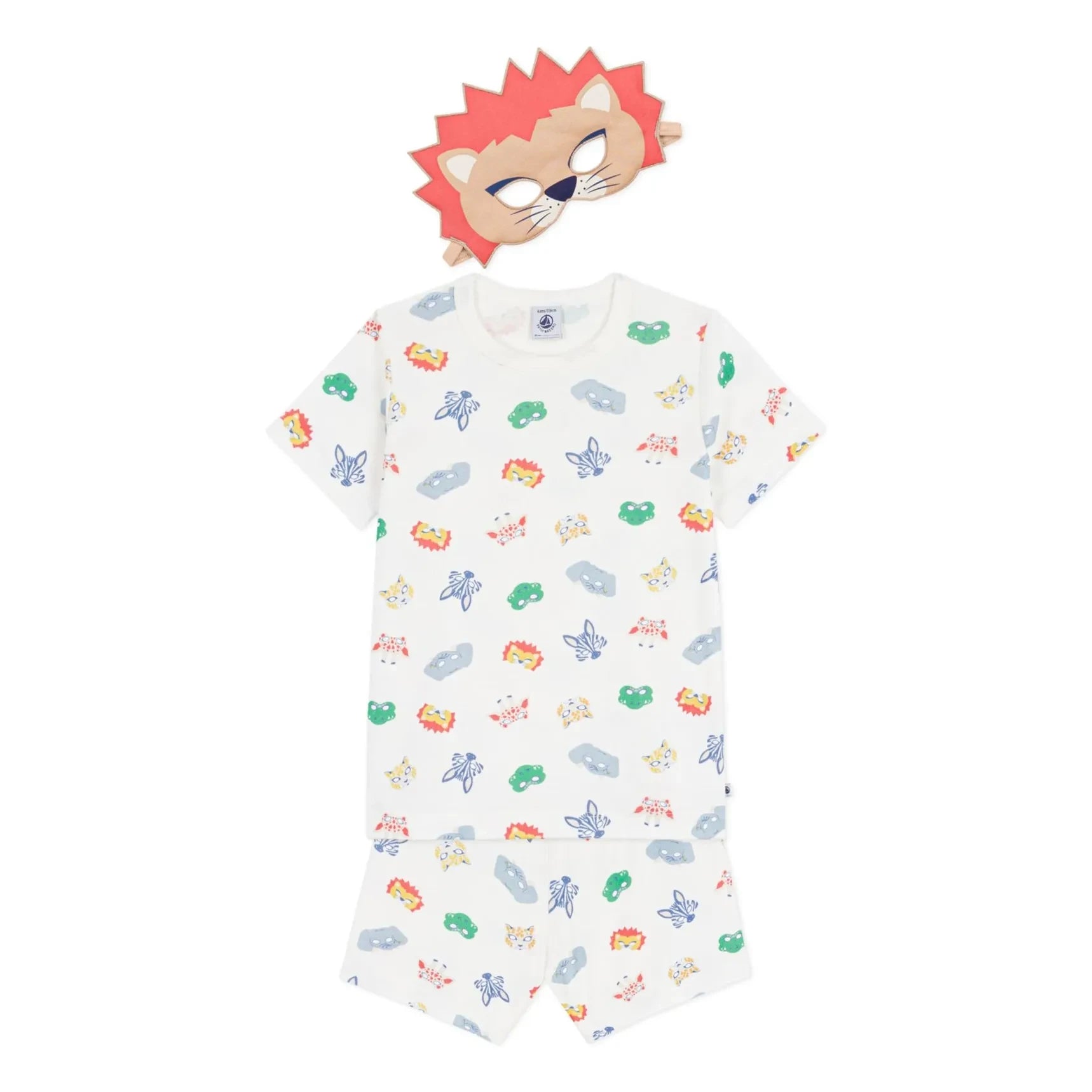 Petit Bateau - Conjunto de pijama corto con máscara de león de algodón orgánico | Blanco