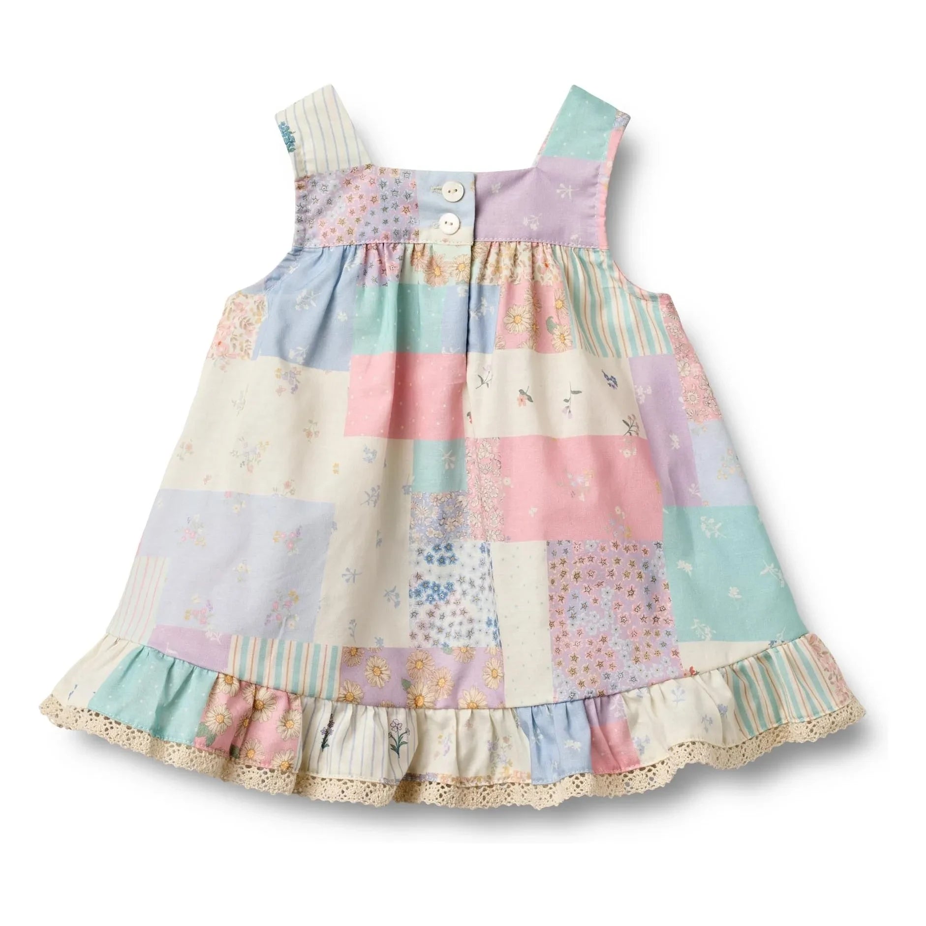 Wheat - Vestido de volantes de algodón orgánico Ayla Patchwork | Amarillo pálido