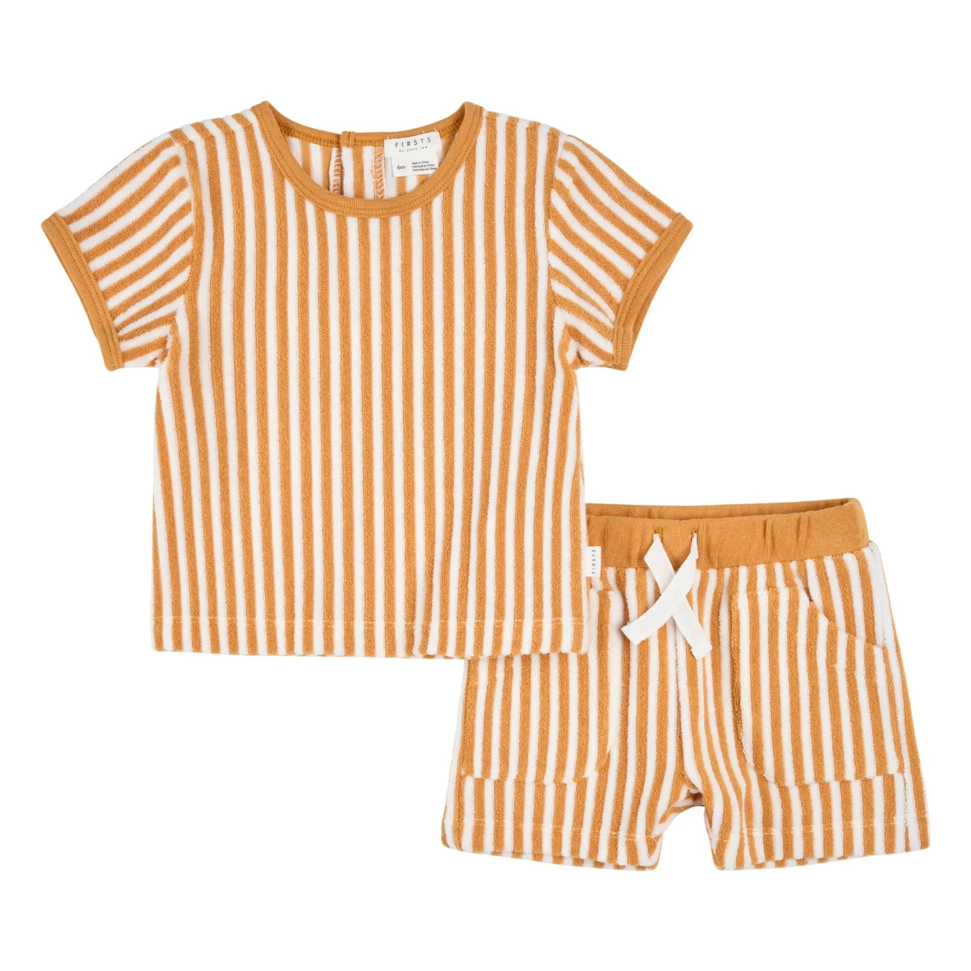 Petit Lem - Conjunto de camiseta y pantalón corto de algodón orgánico a rayas | Camel