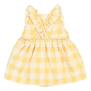 Búho - Vestido sin mangas de algodón orgánico seersucker con volantes de cuadros vichy | Amarillo