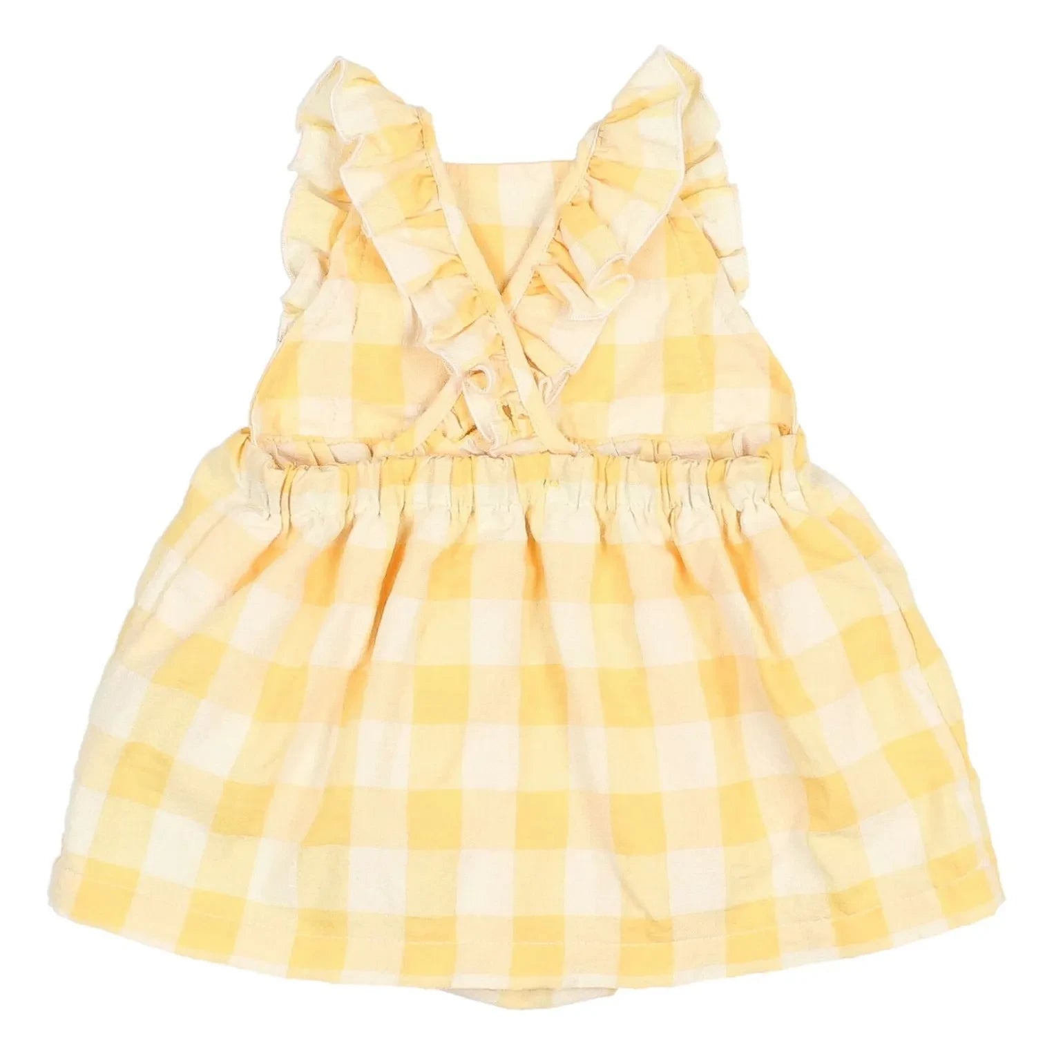Búho - Vestido sin mangas de algodón orgánico seersucker con volantes de cuadros vichy | Amarillo