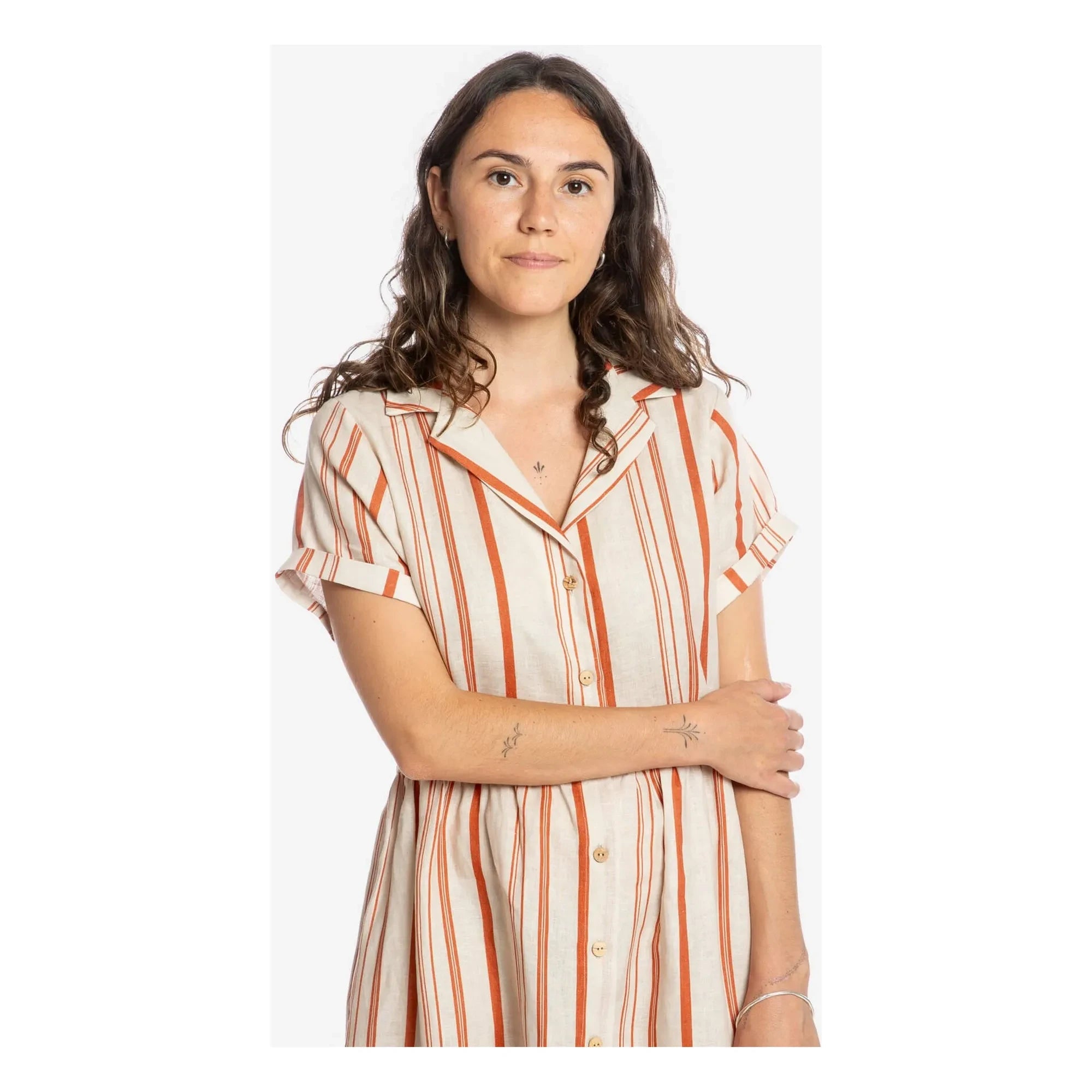 Matona - Vestido camisero midi de lino a rayas | Crudo