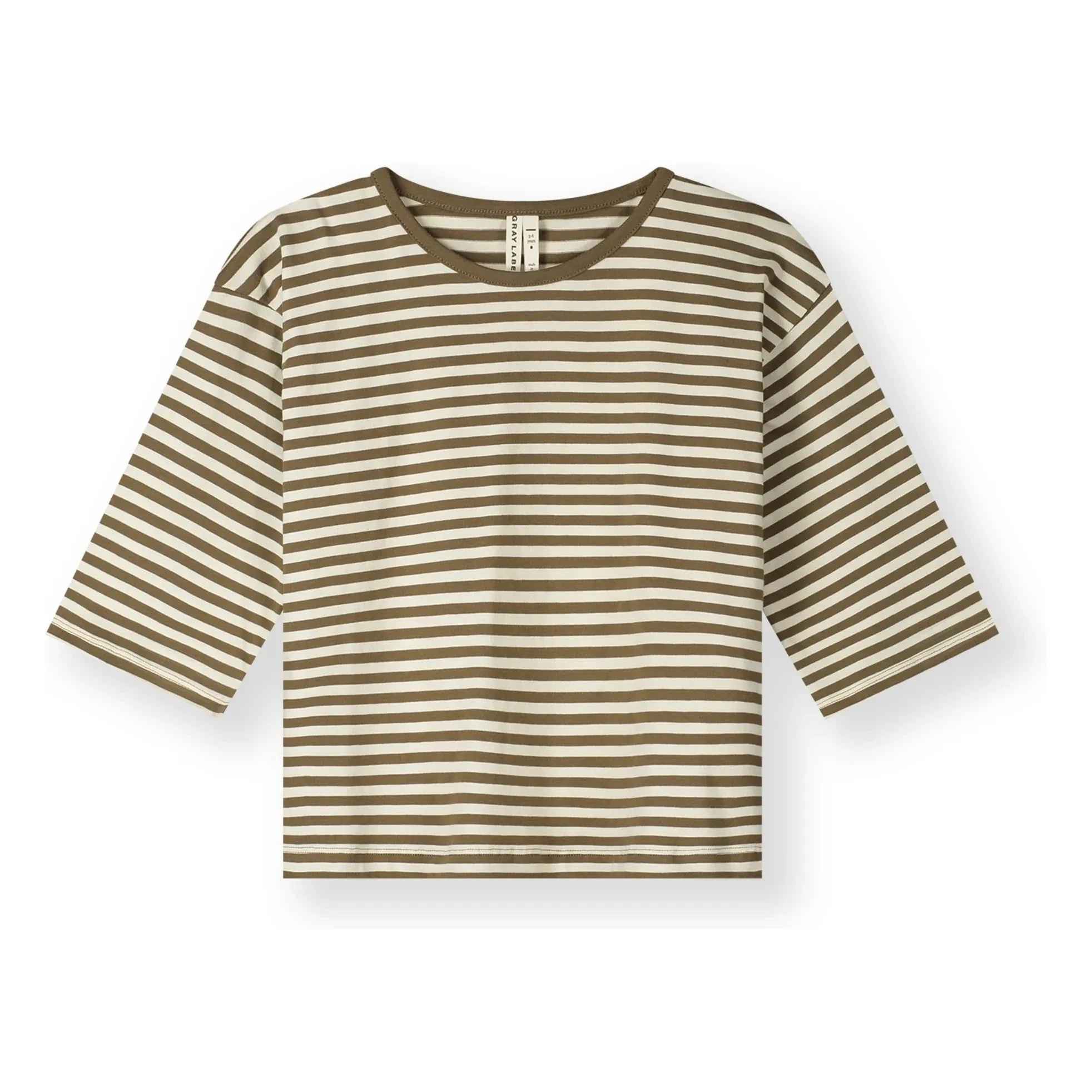 Gray Label - Camiseta de algodón orgánico a rayas con manga 3/4 | Marrón caqui