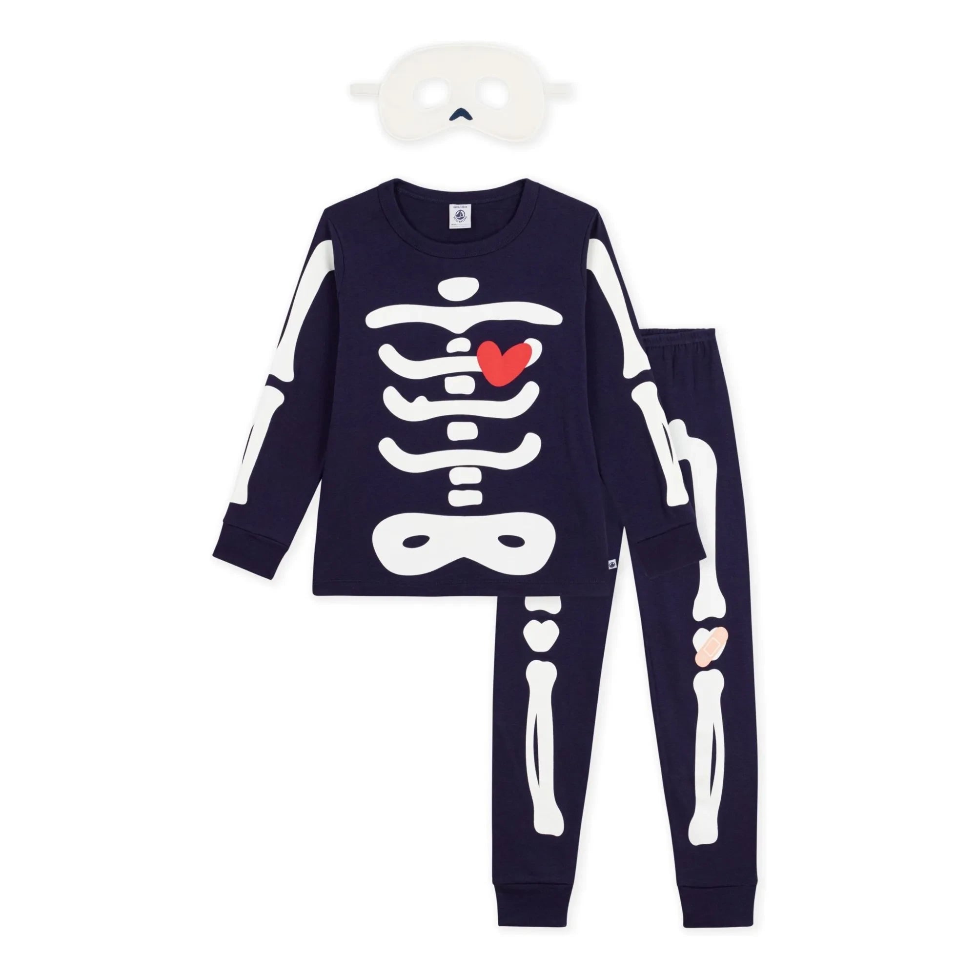 Petit Bateau - Organik Pamuk İskelet Pijama ve Maske Seti | Gece mavisi