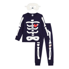 Petit Bateau - Organik Pamuk İskelet Pijama ve Maske Seti | Gece mavisi