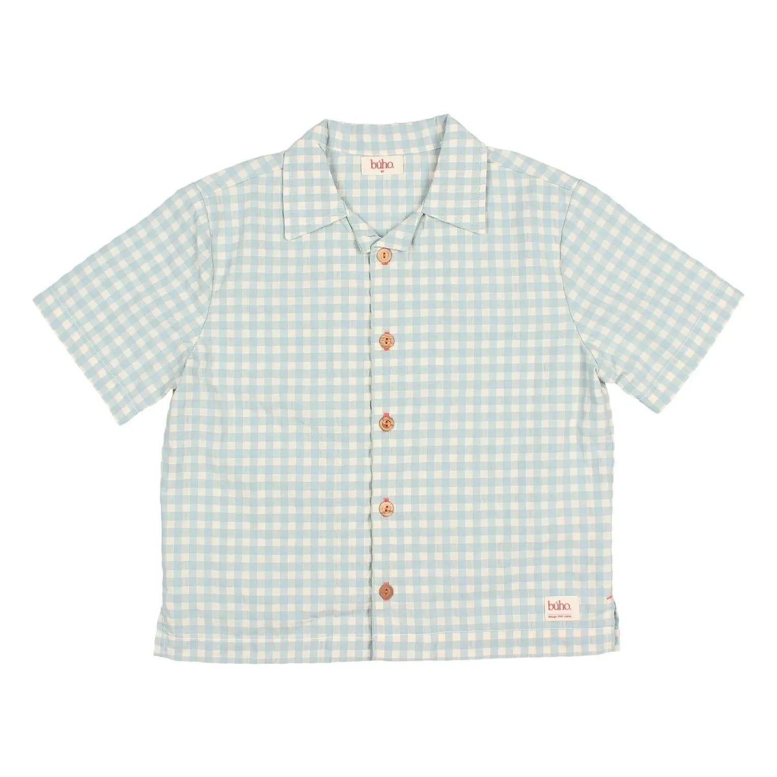 Búho - Camisa de algodón orgánico seersucker con cuadros vichy Aqua