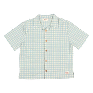 Búho - Camisa de algodón orgánico seersucker con cuadros vichy Aqua