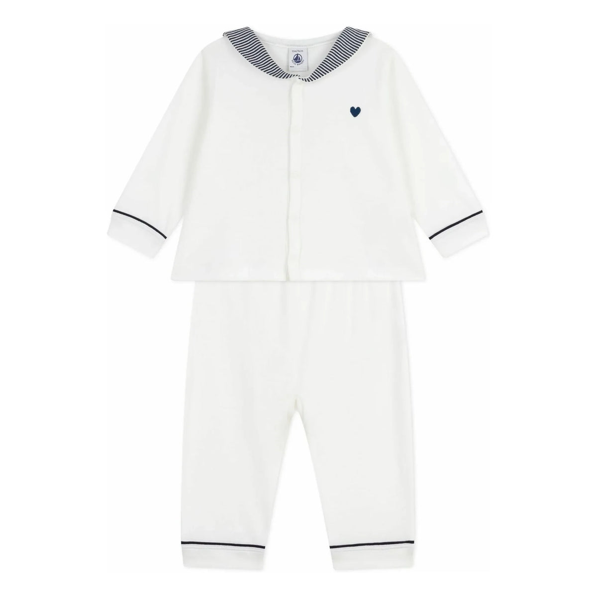 Petit Bateau - Pijama de algodón orgánico con cuello a rayas | Blanco