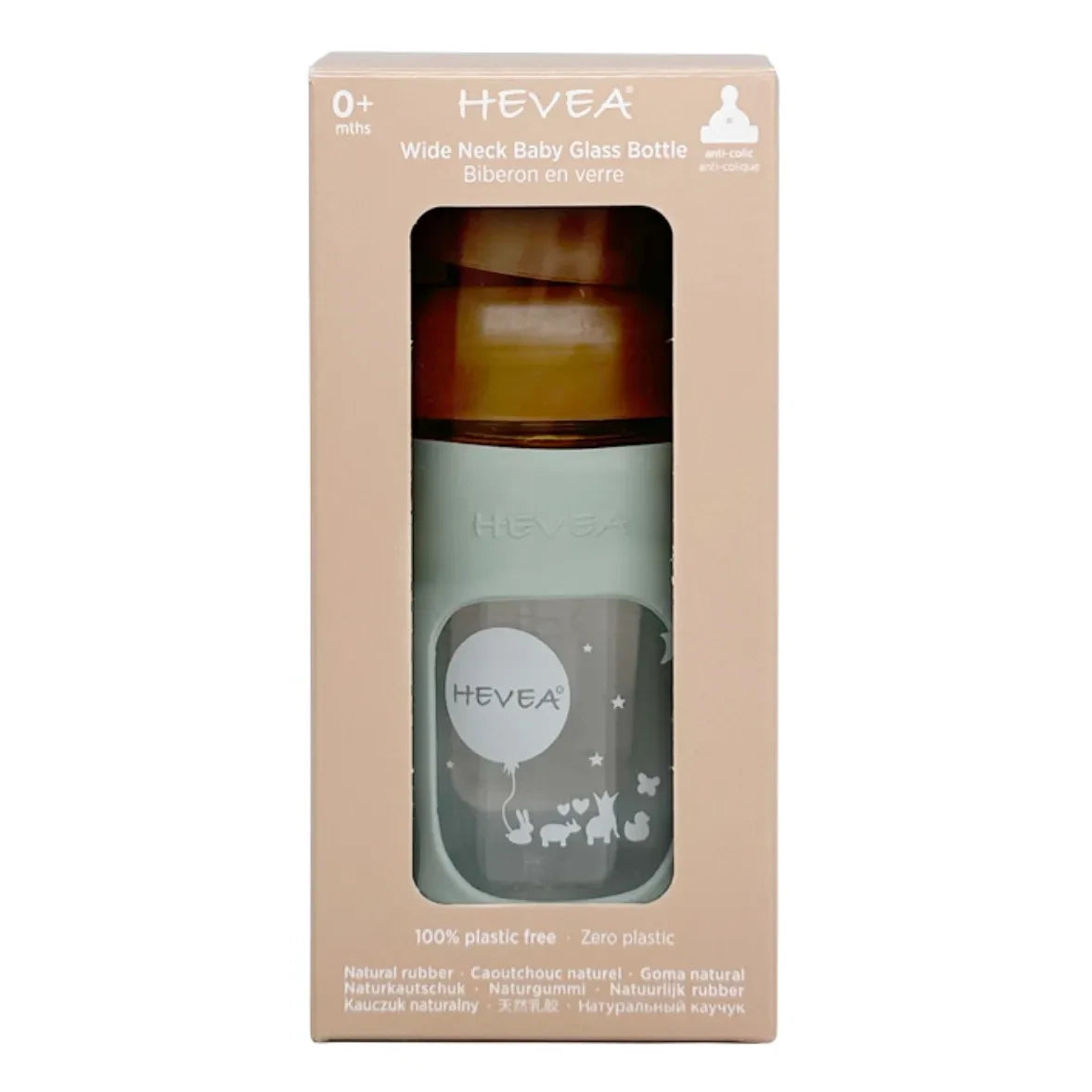 Hevea - Biberón de Cristal con Boca Ancha de Flujo Lento y Funda Protectora | Verde Almendra