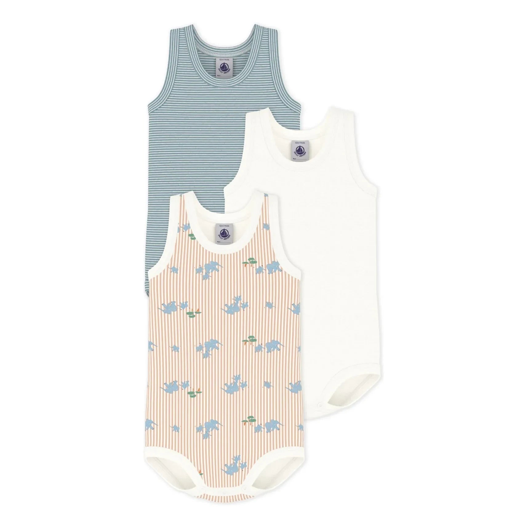 Petit Bateau - Conjunto de 3 Bodys de Algodón Orgánico con Estampado de Elefantes | Blanco