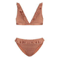 Beachlife - Bañador de 2 piezas a rayas y con volantes de fibras recicladas | Caramelo