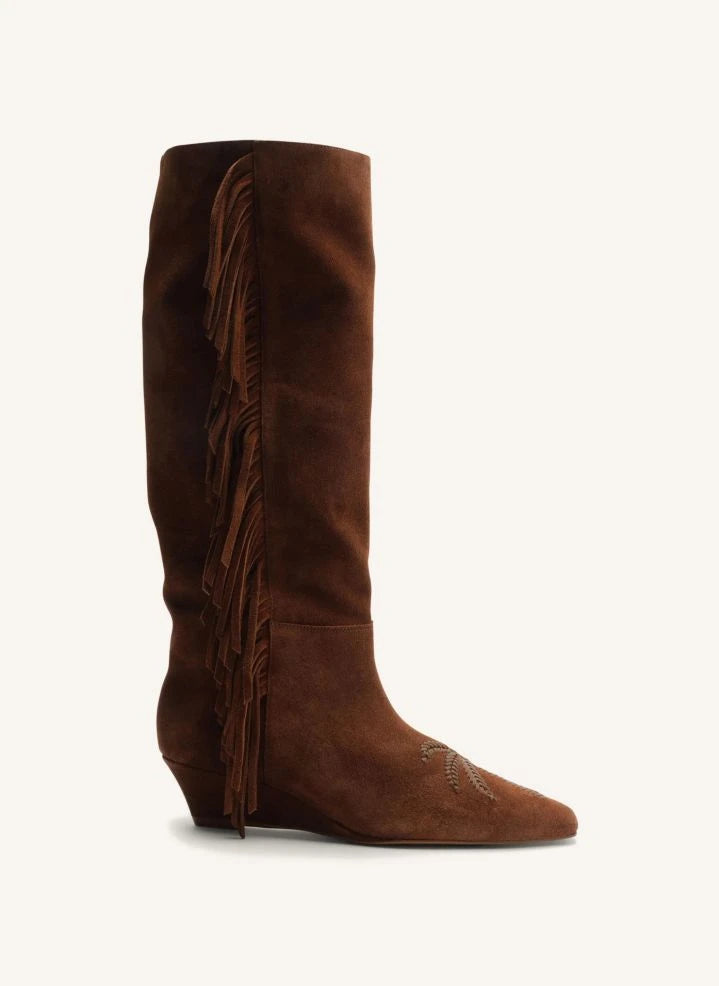 Farm Rio - Bota boho de ante con flecos y tacón de cuña | Marrón