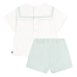 Petit Bateau - Conjunto de top con cuello azul marino y pantalón corto de lino | Sage