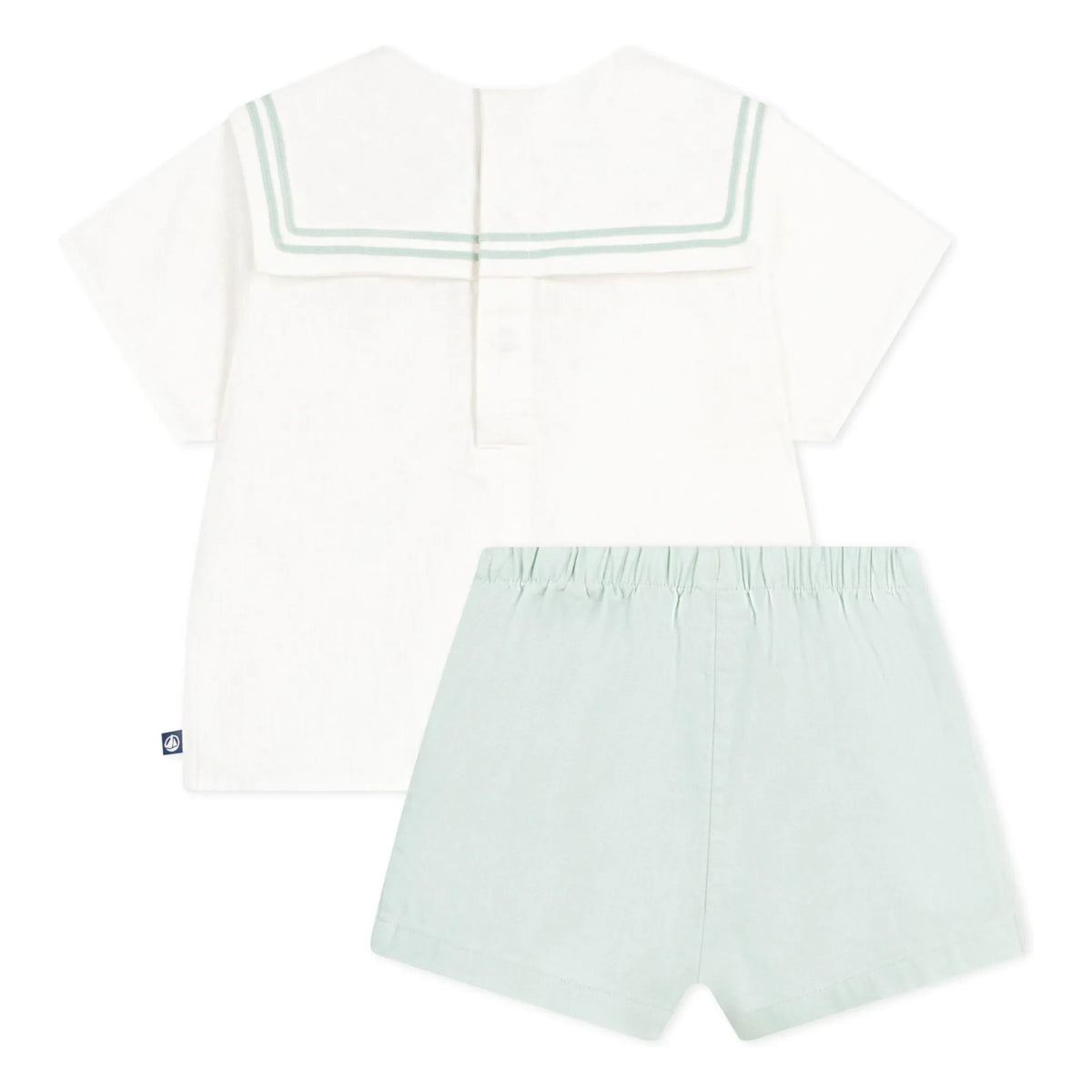 Petit Bateau - Conjunto de top con cuello azul marino y pantalón corto de lino | Sage