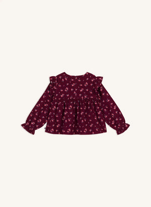 Petit Bateau - Blusa de terciopelo de algodón orgánico con volantes y estampado floral | Burdeos