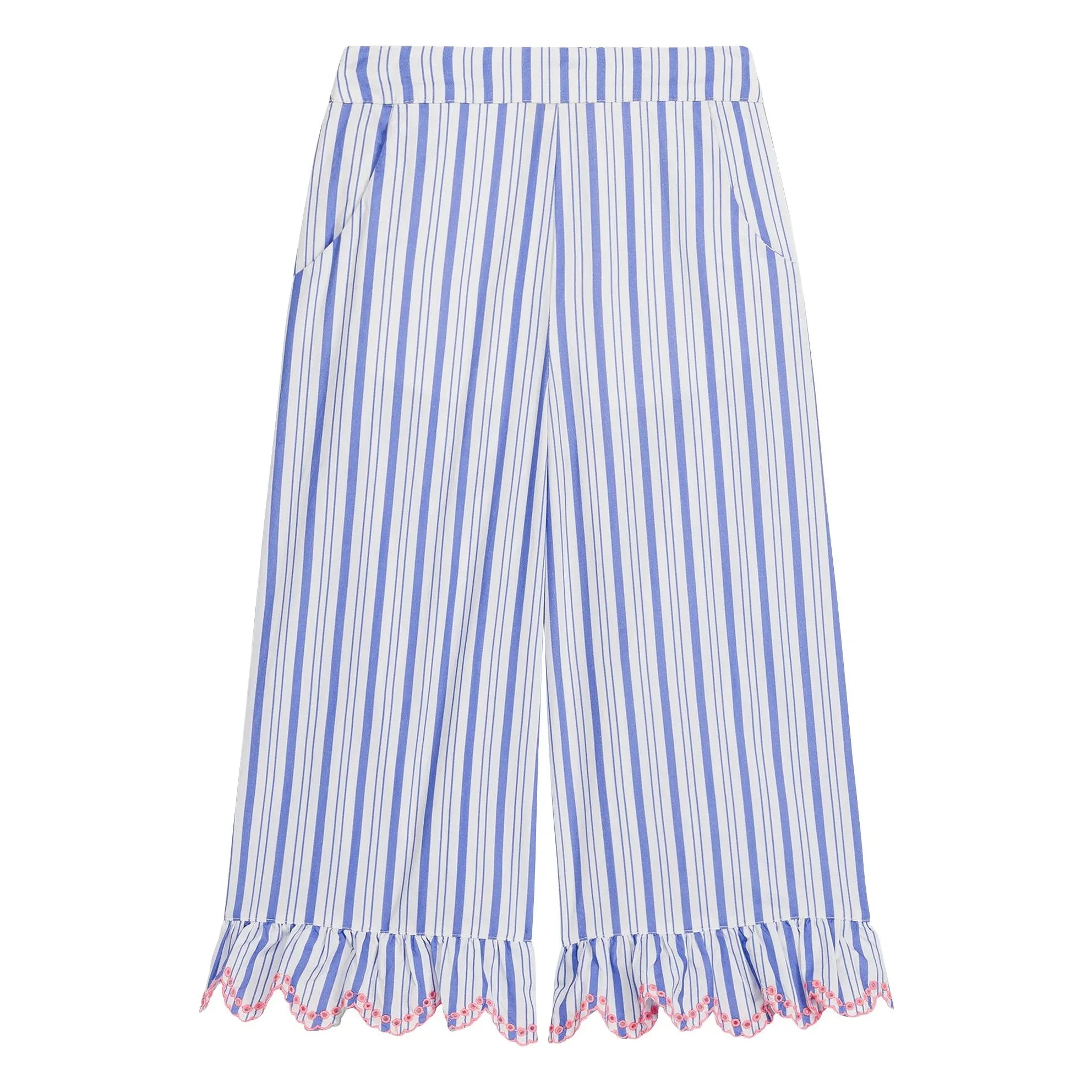 Louise Misha - Pantalones con Volantes de Popelín Rayado de Algodón Orgánico Loukini | Azul