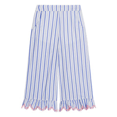 Louise Misha - Pantalones con Volantes de Popelín Rayado de Algodón Orgánico Loukini | Azul