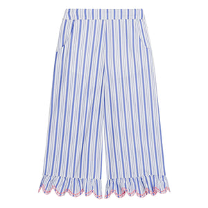 Louise Misha - Pantalones con Volantes de Popelín Rayado de Algodón Orgánico Loukini | Azul