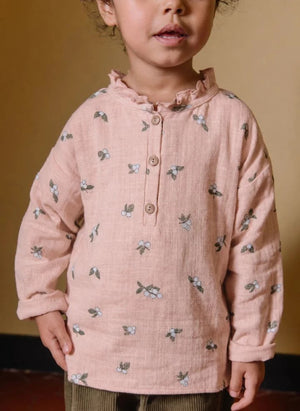 Studio Bohème - Blusa de Cuello con Cordón de Algodón Orgánico Olympe | Rosa