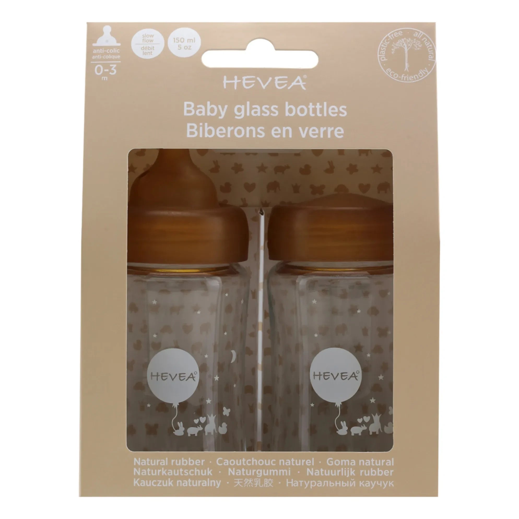 Hevea - Biberones de cristal de boca ancha - Flujo lento - Juego de 2