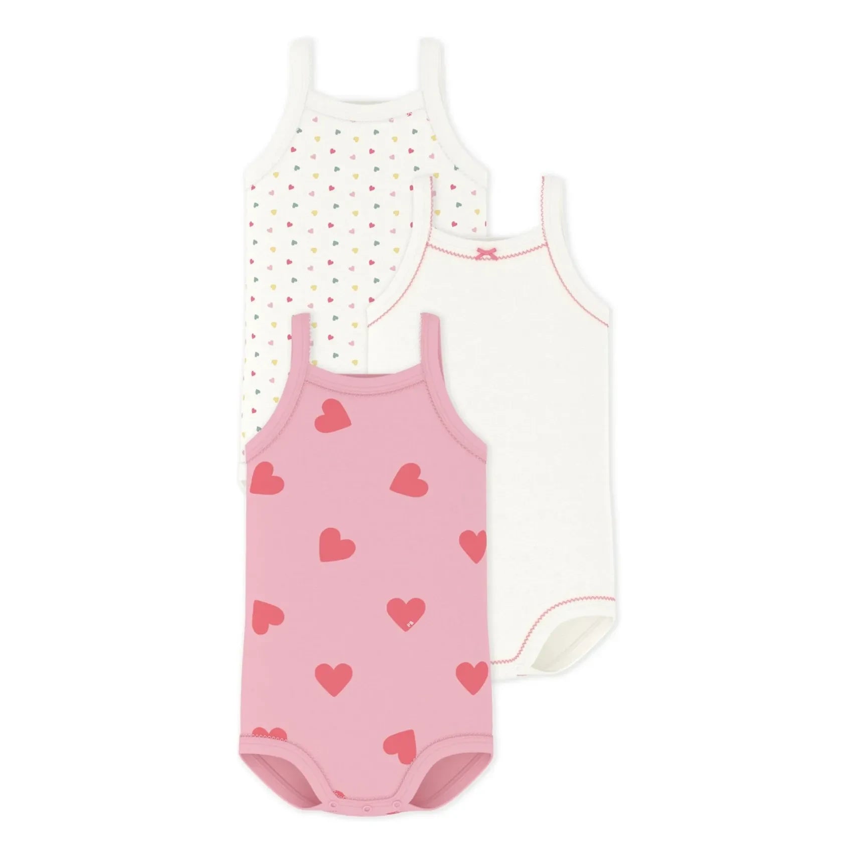 Petit Bateau - Conjunto de 3 Bodys de Algodón Orgánico con Tirantes y Estampado de Corazones | Rosa