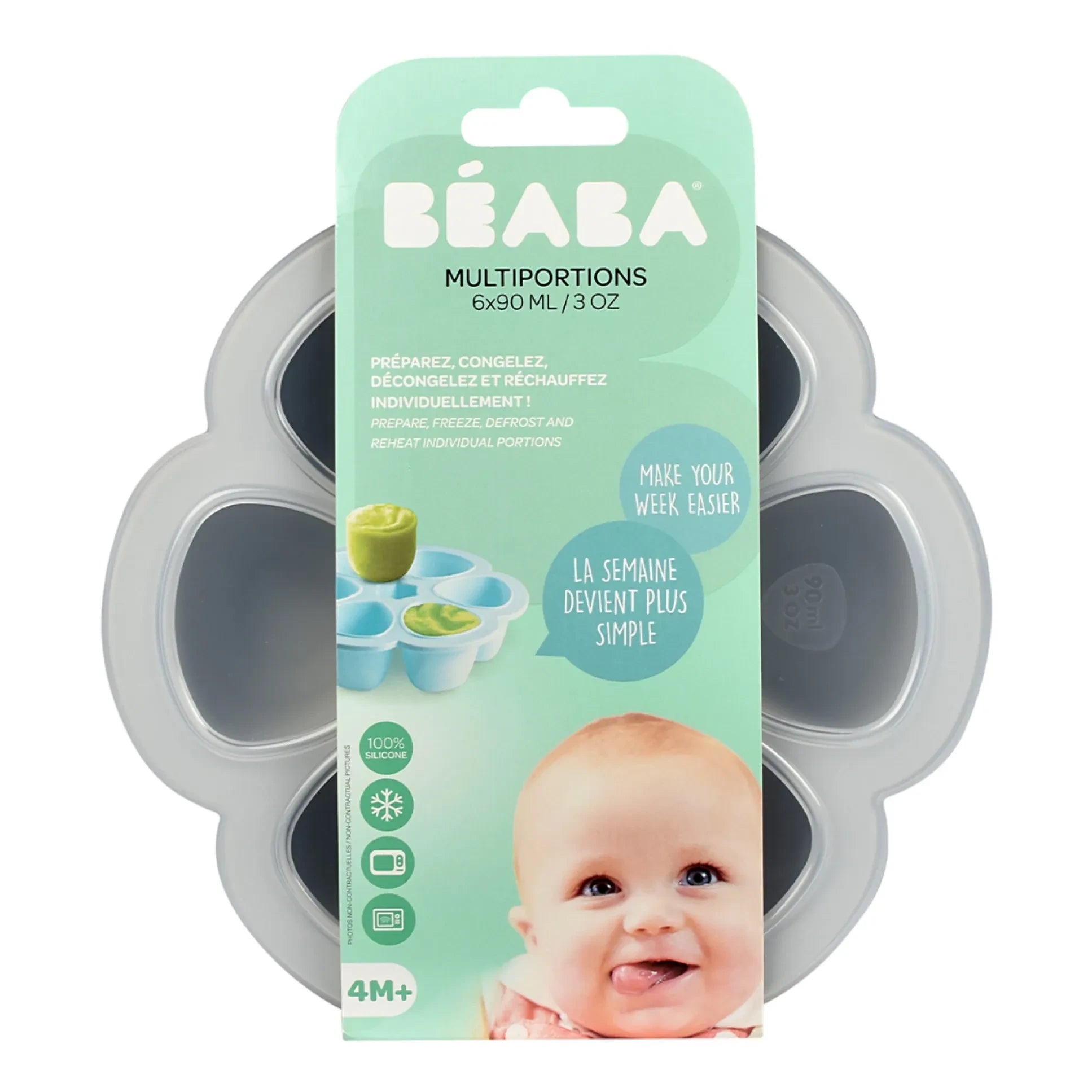 Béaba - Molde de Silicona para Comida de Bebé - 6 x 90 ml | Gris Claro