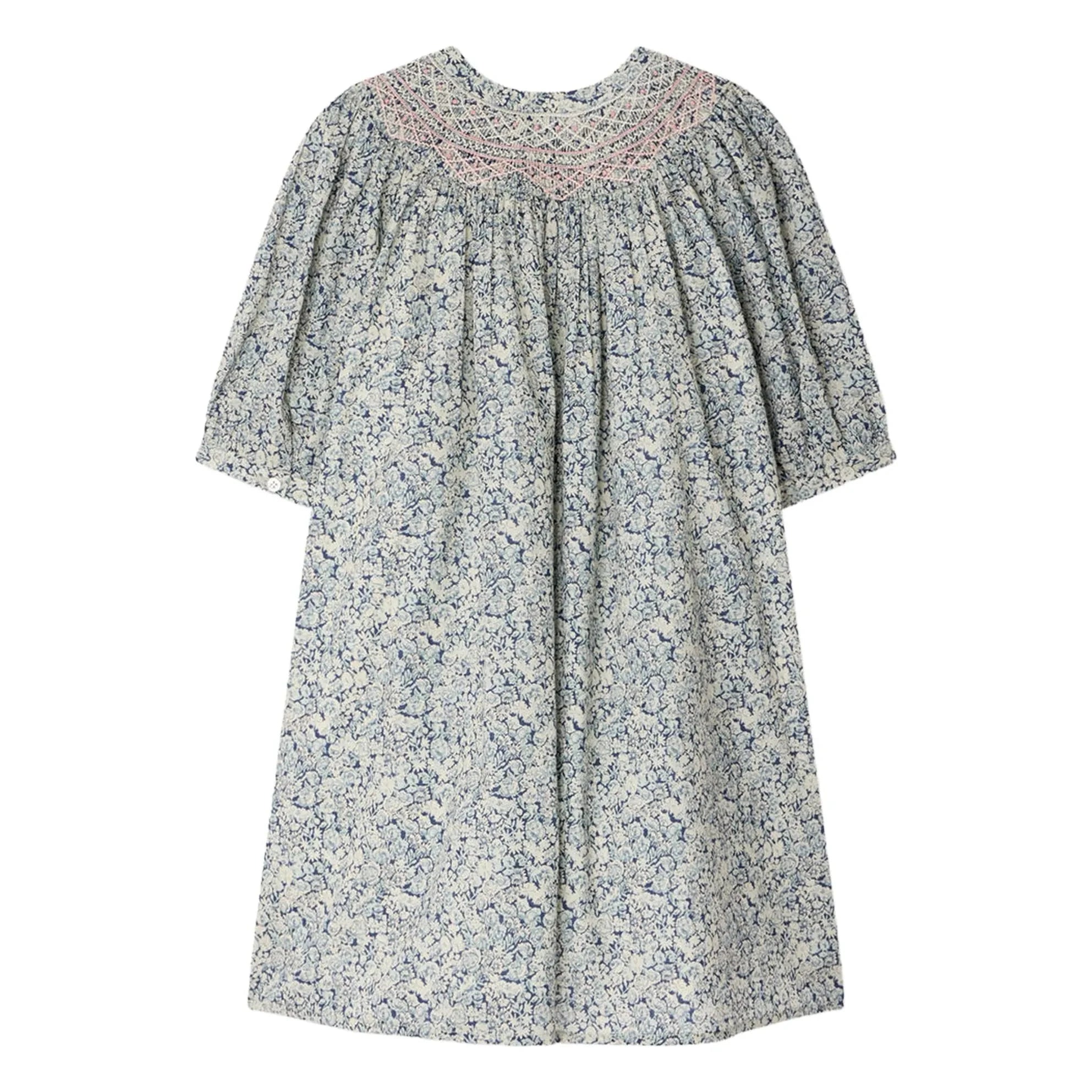 Bonpoint - Vestido fruncido de algodón orgánico Ladwiga Fleurie | Azul Prusia