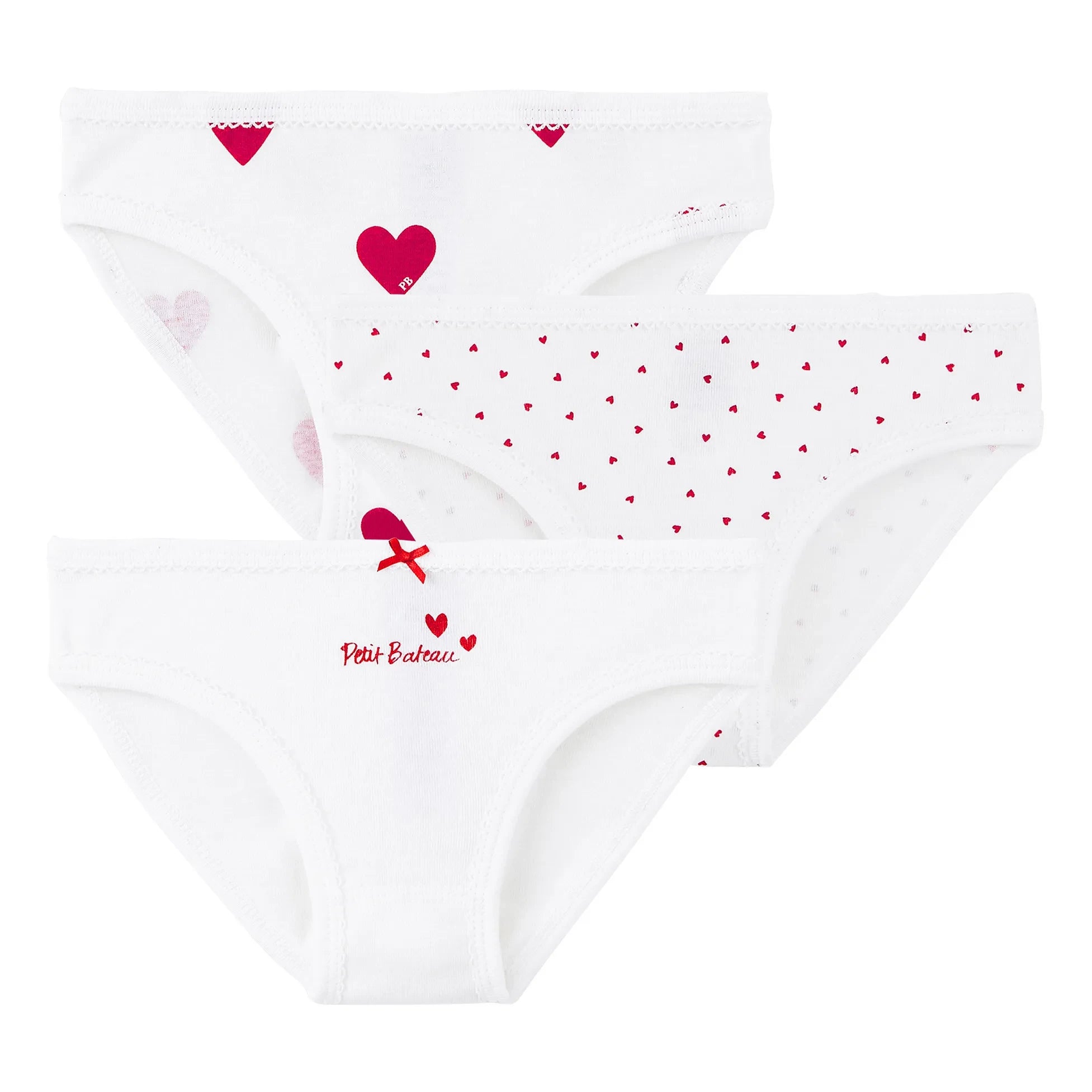 Petit Bateau - Braguitas de algodón orgánico con estampado de corazones, 3 unidades | Blancas