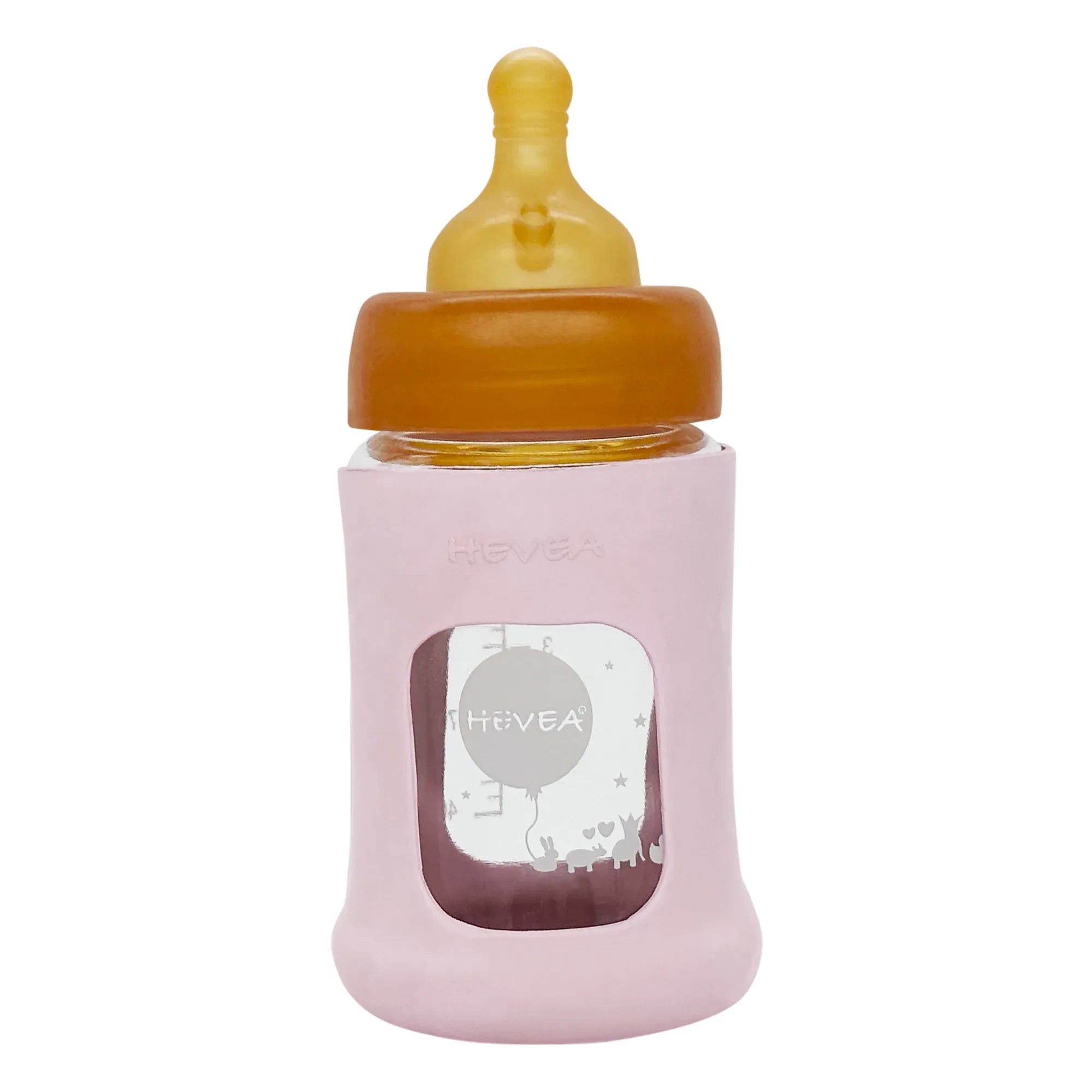 Hevea - Biberón de vidrio de boca ancha de flujo lento con funda protectora | Rosa empolvado