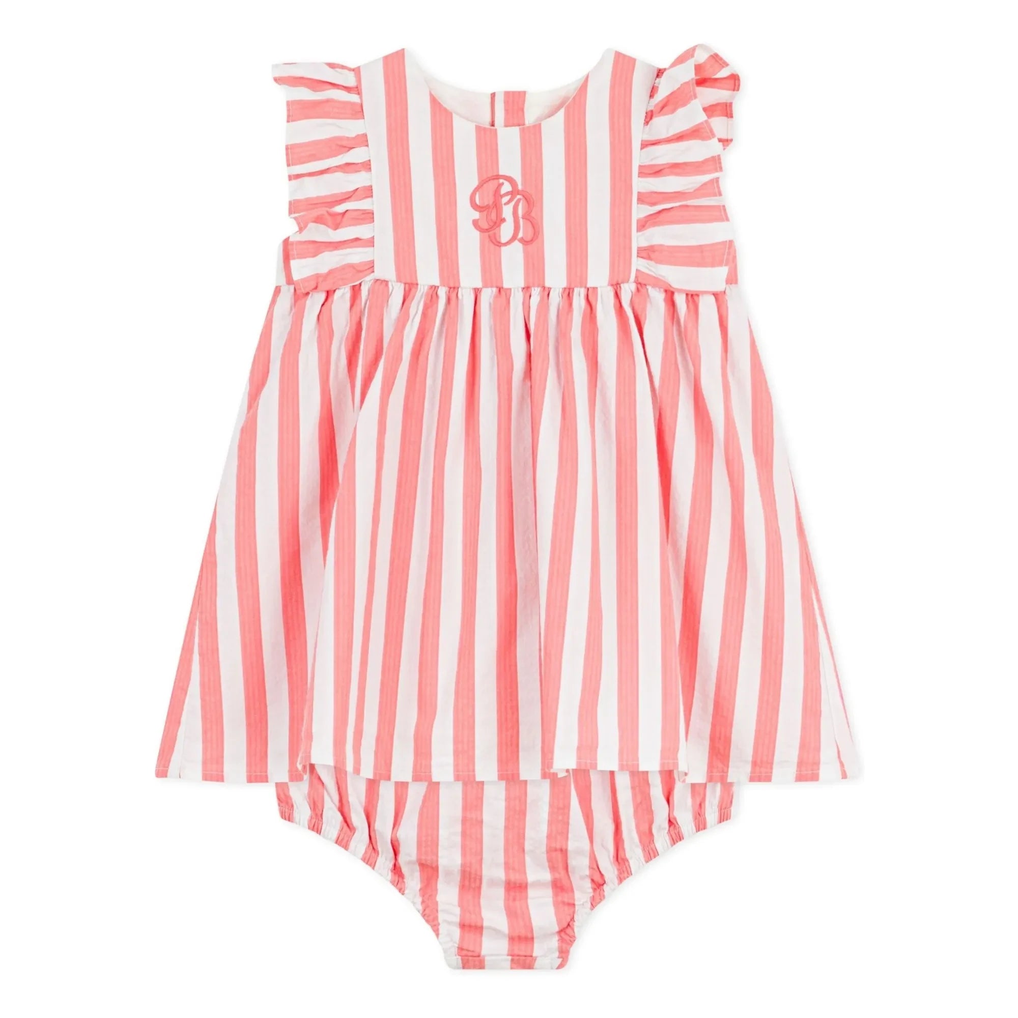 Petit Bateau - Conjunto de vestido y braguita de algodón orgánico seersucker a rayas | Coral