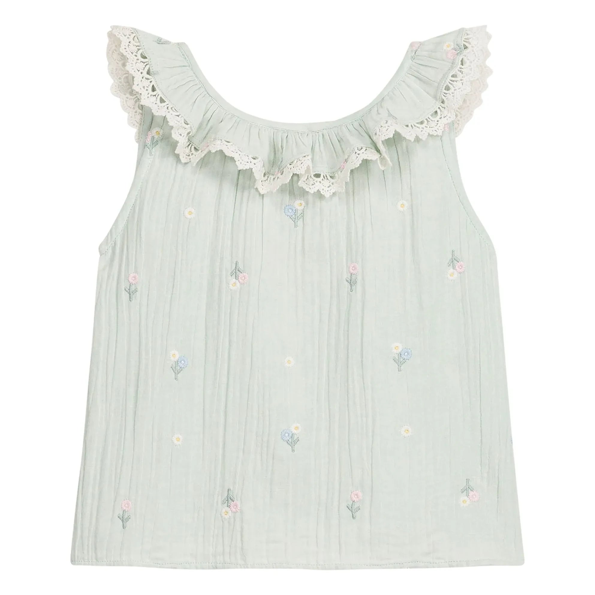 Louise Misha - Top con volantes y estampado floral Zelina de algodón orgánico | Verde almendra