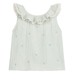 Louise Misha - Top con volantes y estampado floral Zelina de algodón orgánico | Verde almendra